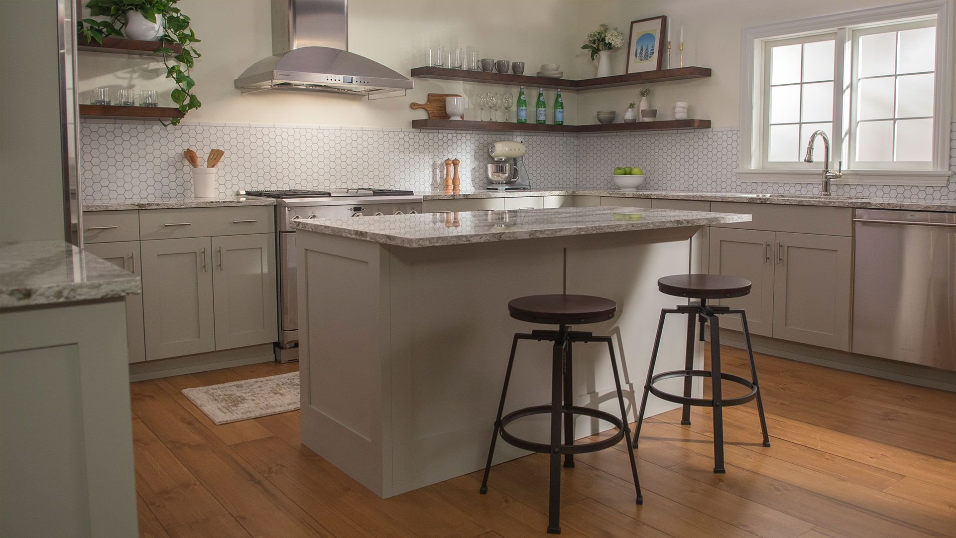 Cambria kitchen set - island, hood, tile, shelves
