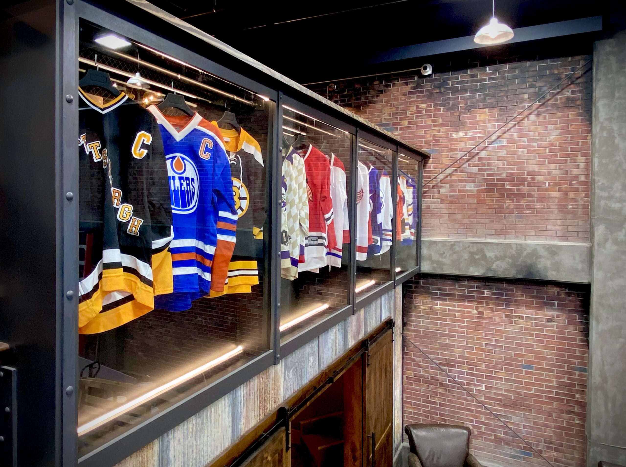 lighted display cases with hockey jerseys